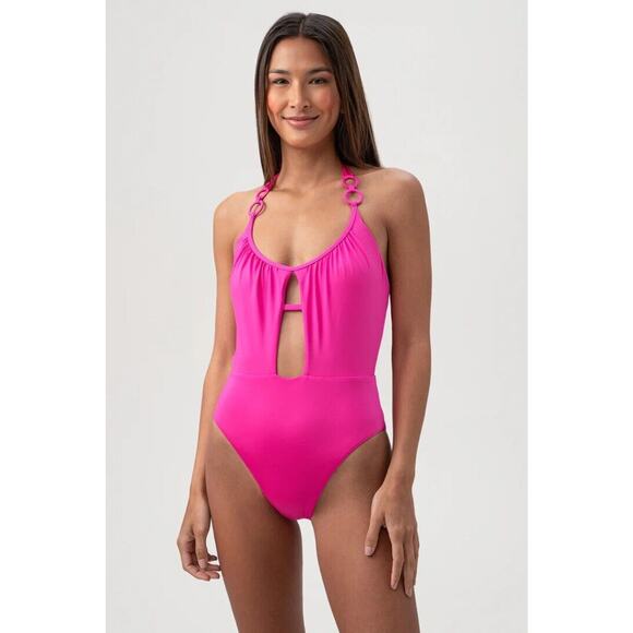 NEW Trina Turk Womens Monaco Scoop Neck Cutout Halter One Piece Swimsuit Pink 10 - Picture 1 of 13